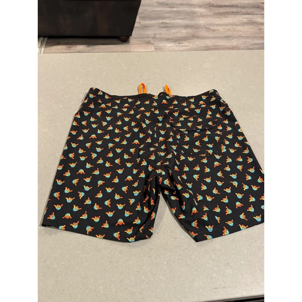 Buoy Boat Men's Black Shaka Print Swim Trunks‎ Size 34 Orange Drawstring